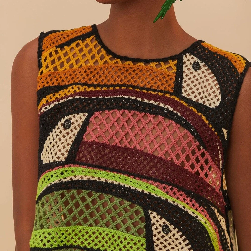NWT Farm Rio Multicolor Toucan Tree Crochet Top - Picture 2 of 4